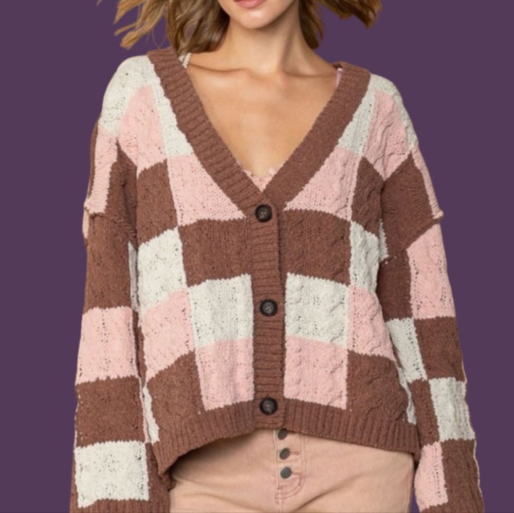 POL Oversized Chenille Cardigan Cable Knit Colorblock Pink Cream Brown Sweater M